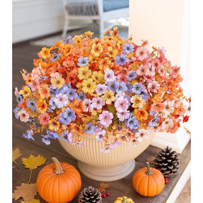 Artificial Fall Flowers Faux Mums for Outdoor Indoor Garden Home Decoration, Faux Flower Daisy with Eucalyptus Leaves Fake Mums Plants