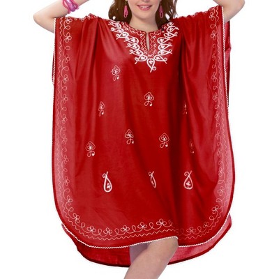 LA LEELA Women's House Daily Routine Evening Wear Loungewear Casual Ladies Bikini Kaftan Tunic Vacation Coverup Mini Caftan for Women 2X-3X Red, Solid