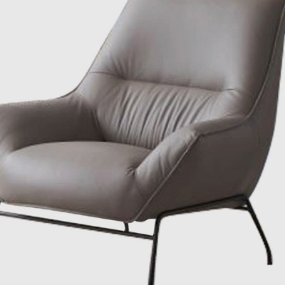 Khaki Top Grain Leather Accent Chair with Ottoman and Metal Legs