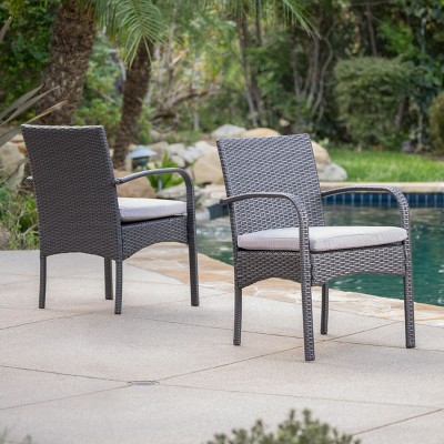 Gray Wicker Outdoor Dining Chairs with Cushions, Set of 2