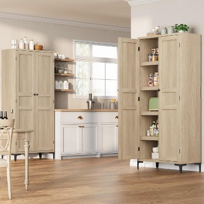 63 Inch Tall Storage Cabinet, Kitchen Pantry 5 Tier Bathroom Cabinet with 2 Doors Adjustable Shelves for Kitchen, (Black, 2 Door with Glass)