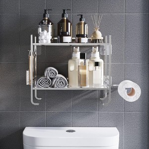 Over Toilet Storage Shelf, 2-Tier Bathroom Storage Organizer with 2 Hooks, Paper Holder, Metal Space Saving Multi-Purpose Toilet Tank Organizer Rack - 1 of 4