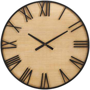 28"x28" Wooden Wall Clock with Black Metal Numbers and Frame Light Brown - Olivia & May