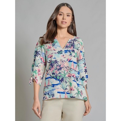 Jones New York V-Neck Print Tie-Sleeve Blouse
