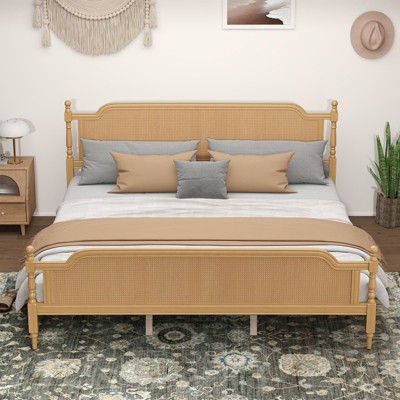 NicBex All Size Natural Wooden Bed Frame with Rattan Headboard & Footboard,Pine Wood Platform Bed,No Box Spring Needed