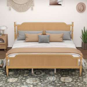 NicBex All Size Natural Wooden Bed Frame with Rattan Headboard & Footboard,Pine Wood Platform Bed,No Box Spring Needed - 1 of 4