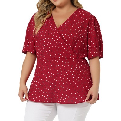 Agnes Orinda Women's Plus Size Polka Dots V Neck Short Sleeve Wrap Peplum  Blouse Red 3x : Target