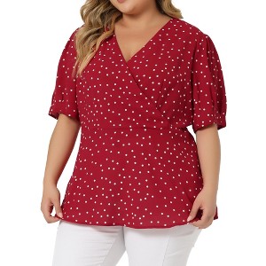 Agnes Orinda Women's Plus Size Polka Dots V Neck Short Sleeve Wrap Peplum Blouse - 1 of 4