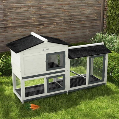 Gray and White Wooden 2-Story Rabbit Hutch with Ramp