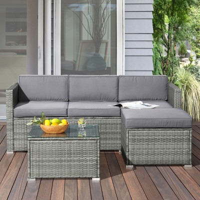Gray 3-Piece Rattan Outdoor Sofa Set with Cushioned Ottoman and Glass-Top Table