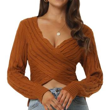 Seta T Women's Casual V Neck Long Sleeve Cross Wrap Front Off Shoulder Ribbed Knit Crop Pullover Sweater