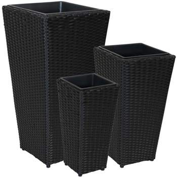 Sunnydaze Decorative Square Polyrattan Basket-Style Planters - 9", 11.5", and 14.75" Square - Black - 3-Piece Set