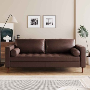 Mid-Century Modern Design 3-Seat Sofa for Living Room, Tufted Sofa with Bolster Pillows, PU Leather Couch with Wood Legs-Baofuwish - 1 of 4