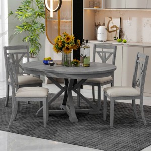 Vintage Extendable Round Dining Set, Solid Wood Table and 4 Upholstered Chairs, 42"-54" Adjustable for Kitchen Dining Room-3irtyhousy - 1 of 4