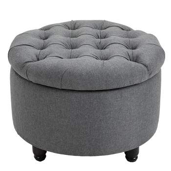 HOMCOM Round Linen-touch Fabric Storage Stool Ottoman Button Tufted Footrest with Removable Lid for Living Room, Entryway, or Bedroom, gray