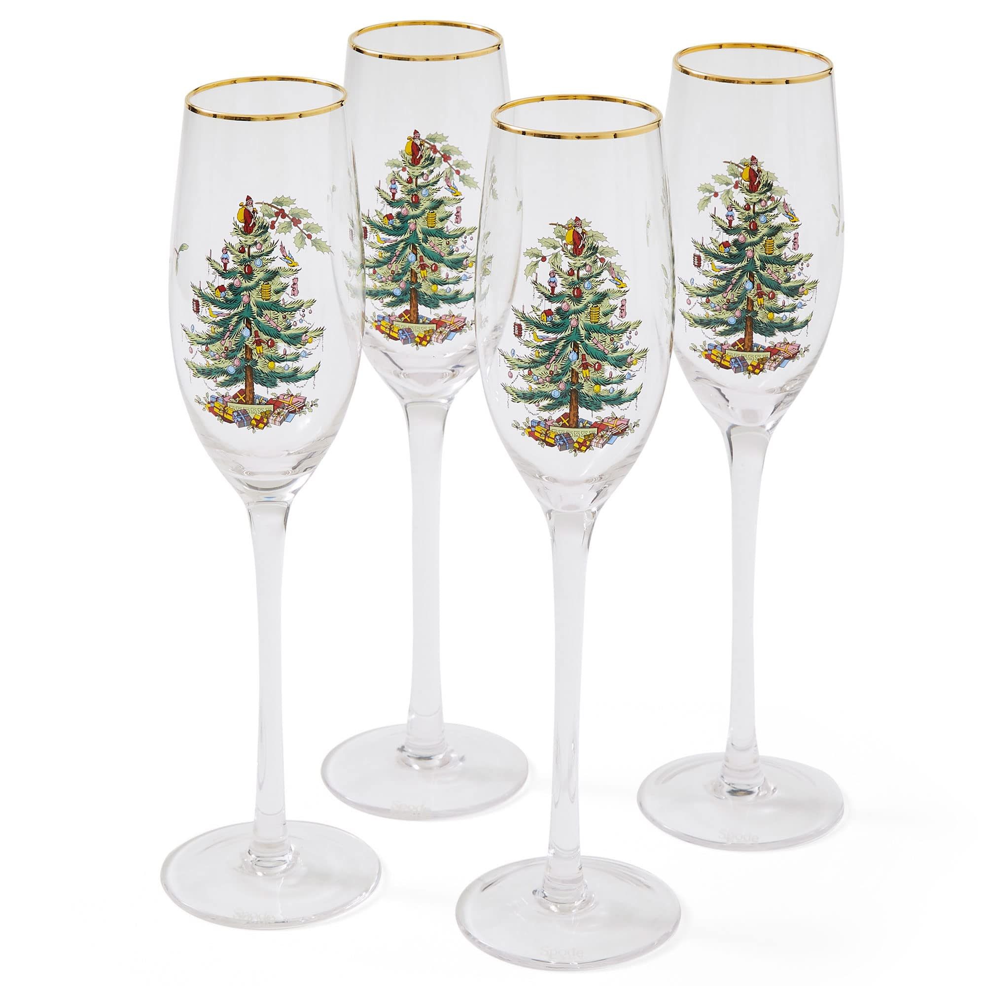 Spode Christmas Tree Gold 8.5oz Champagne Flutes (Set of 4) - Gold Rimmed Glasses, Festive Holiday Drinkware for Christmas Dinner, Wedding Gifts