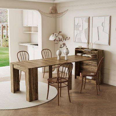 Modern Extendable Dining Table with Storage Shelf, Rectangular Multi Functional Table for Dining Room and Apartment, Space Saving Design,Brown