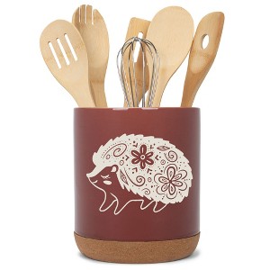 Elanze Designs Kitchen Utensil Holder With Non Slip Cork Base Large 8 Inch Ceramic Storage Crock Forest Animal Countertop Organizer Floral Hedgehog - 1 of 4