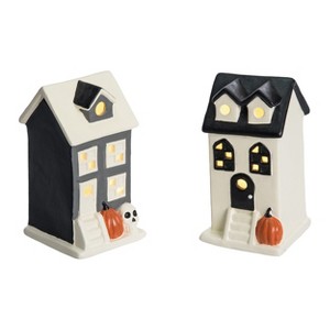 Transpac Large Dolomite Light Up Halloween House Set of 2 Decorative Sculptures Ceramic Multicolor Battery Operated - 1 of 1