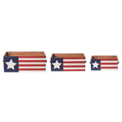 Transpac Wood 18" Red White and Blue 4th of July Patriotic Flag Containers Set of 3