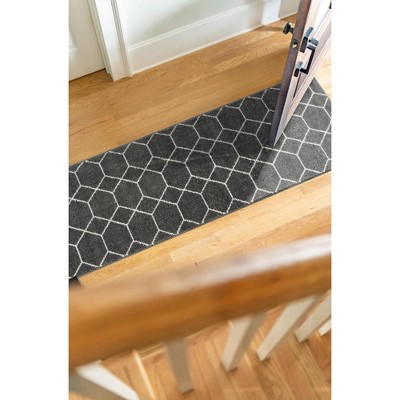 Dark Gray and Ivory Geometric Trellis Runner Rug