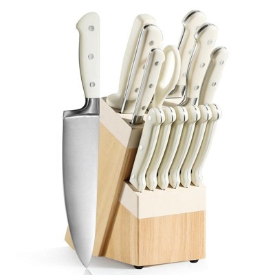 Attop 14-Piece Forged Knife Block Set - High-Carbon Stainless Steel Kitchen Knives with Hardwood Block, Cream