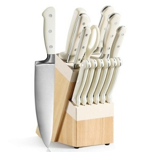 Attop 14-Piece Forged Knife Block Set - High-Carbon Stainless Steel Kitchen Knives with Hardwood Block, Cream - 1 of 4