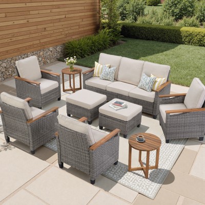 Buenhomino 9-Piece Outdoor Patio Set – 4 Single Chairs, Sofa, 2 Side Tables & 2 Ottomans, All-Weather Wicker with Cushions, Beige