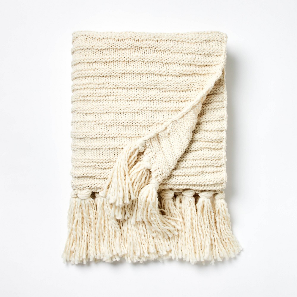 Photos - Duvet Raised Striped Chunky Knit Throw Blanket Cream - Threshold™ designed with