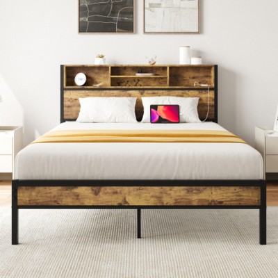 Full Size Metal Bed Frame with Storage Headboard, Charging Station, Bookcase, No Box Spring, Easy Assembly, Black