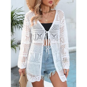 Women Crochet Cardigan Tie Front Long Sleeve Lightweight Cover Up Oversized Hollow Out Summer Cardigans - 1 of 4