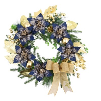 24" Christmas Wreath, Artificial Christmas Decorations with LED Lights, Indoor and Outdoor Holiday Decorative Wreath for Doors, Windows, Walls, Blue