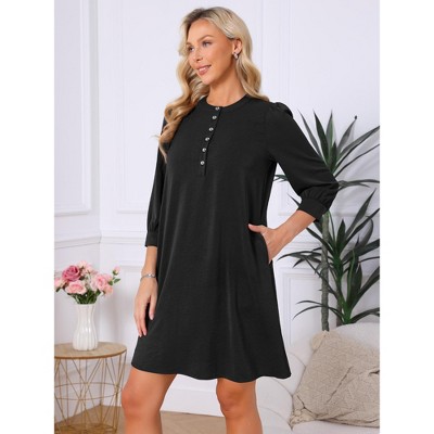 Женские платья INSPIRE CHIC Women's 3/4 Puff Sleeve Mini Dress Button Crewneck Elegant Casual Business Shift Dresses Medium Black — фото 2