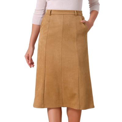 INSPIRE CHIC Women's Faux Suede Elastic High Waist A-line With Pockets Midi Skirt