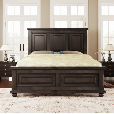 Queen/King Size Platform Bed with High Headboard, Vintage Pinewood Bed Frame, Traditional Style - ModernLuxe