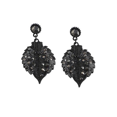 SOHI Women's Carbon Black Embellished Leaf Drop Earrings