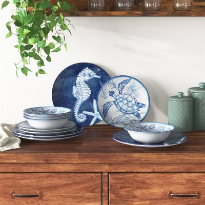 Oceanic Coastal Melamine 12-Piece Dinnerware Set, Service for 4