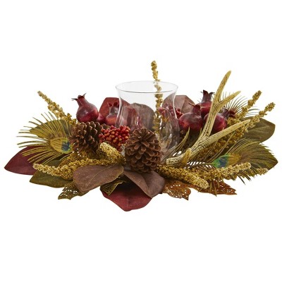 Nearly Natural 19-in Magnolia, Berry, Antler and Peacock Feather Artificial Candelabrum Arrangement