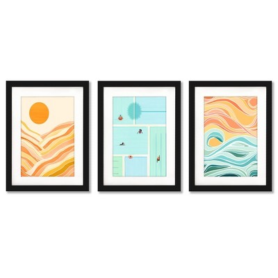 (set Of 3) Golden Mountain Sunset By Modern Tropical Black Matted ...