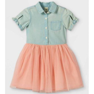 OshKosh B'gosh Toddler Girls' Chambray Tulle Short Sleeve Dress - Pink 12M