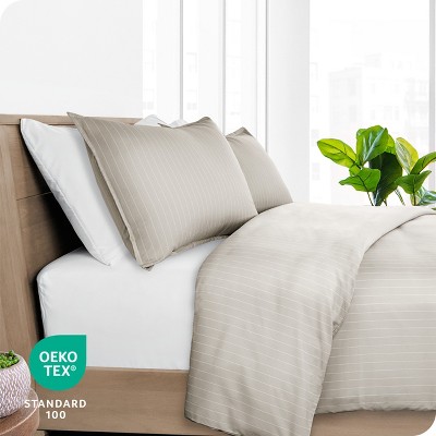 Queen Pinstripe Stone and White Microfiber Duvet Cover Set