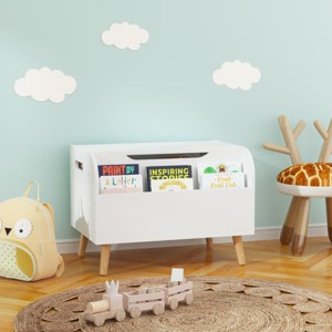 KTMBDW Wooden Toy Box, Kids Toy Storage Organizer with Front Bookshelf, Safety Hinge, Boys Girls Toy Chest Bench for Playroom Kids Room, White - 1 of 4