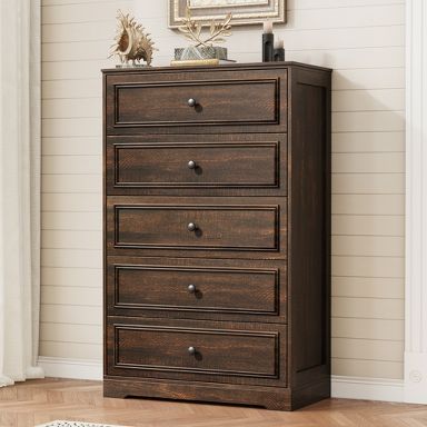 5 drawer dresser dark brown Farmhouse Dresser, Tall Chest of Drawers with Wood Grain Finish & Classic Panel Design, for Bedroom Living Room Office Size:BABY-0-3 Months-FAMILY bright winter A-line Off Shoulder Off Due to the light