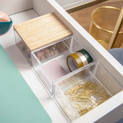 Clear Stackable Plastic Storage Bins with Wooden Lid, 3 Pack