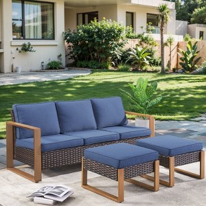 Gymojoy 3 Pieces Outdoor Patio Sofa Chair Ottoman Wicker Rattan Sofa Ottoman Set - 1 of 4