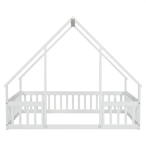 COWLOWN Full Size Wood House Floor Bed with Fence Guardrails, Play & Sleep Bed for Kids and Toddlers - 1 of 4