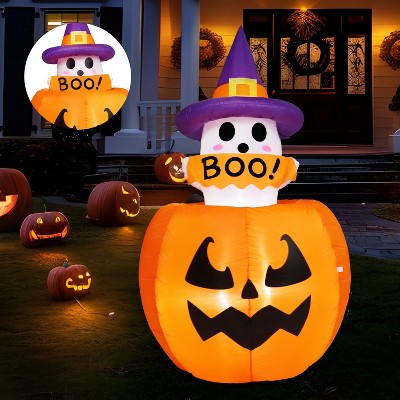 Joyfy 5FT Halloween Inflatables Outdoor Decorations, Animated Inflatable Ghost on Pumpkin with LEDs for Halloween Outdoor Yard Lawn Garden Decoration