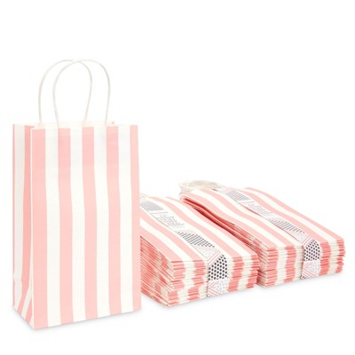 Sparkle and Bash 50 Pack Pink Stripes Kraft Paper Gift Bags with Handles (9 x 5.5 x 3.15 In)