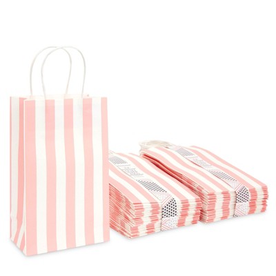 Sparkle and Bash 50 Pack Pink Stripes Kraft Paper Gift Bags with Handles (9 x 5.5 x 3.15 In)