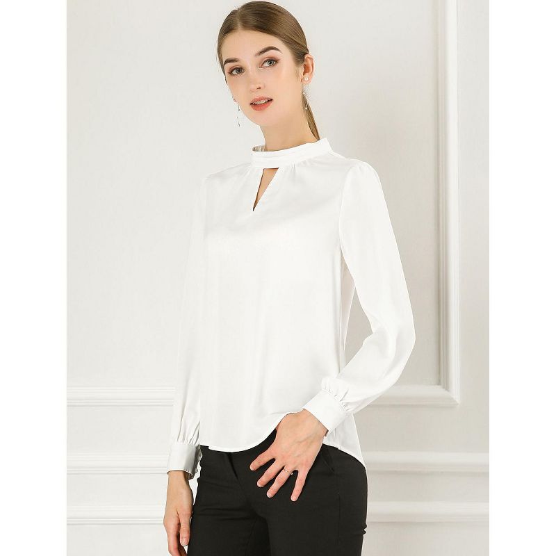 Allegra K Women's Office Keyhole Elegant Stand Collar Long Sleeve Chiffon Blouses, 3 of 8